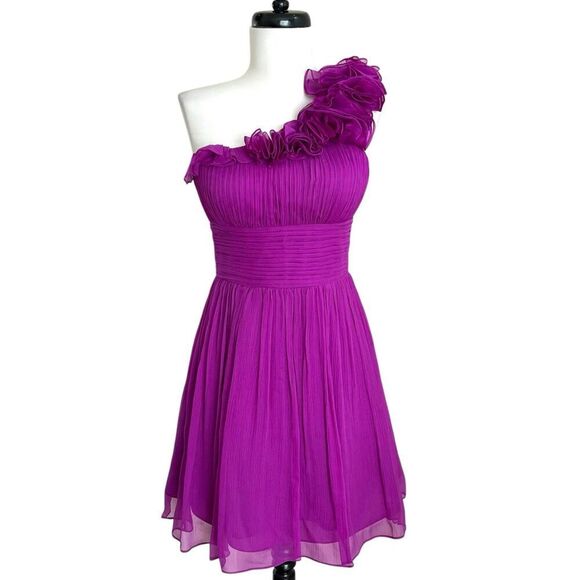 CACHE Y2K Silk Mini Dress Sz 2 Purple Ruffled One Shoulder Fairy Cocktail - Picture 1 of 15